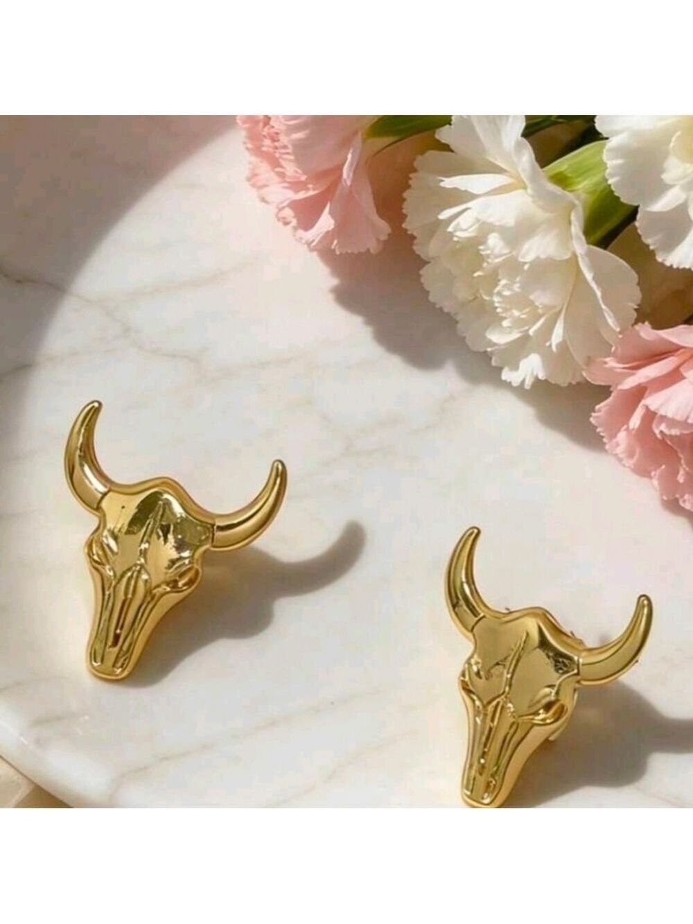 Gold Bull Skull Stud Earrings Sculpted Metallic